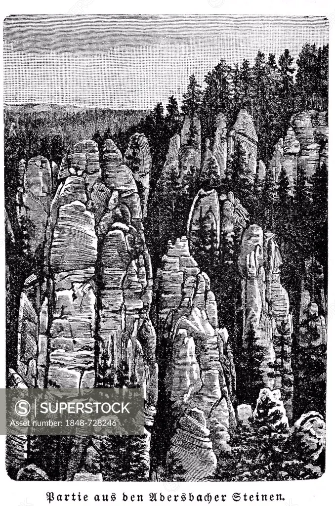 Adersbach rocks, Saxon Switzerland, historic image, Meyers Konversations-Lexikon encyclopedia, 1897