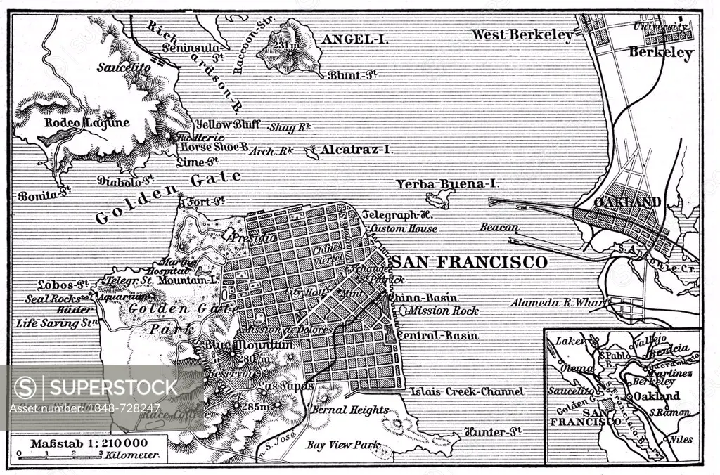 Map of San Francisco, historic image, Meyers Konversations-Lexikon encyclopedia, 1897