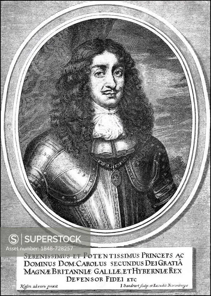 Historic drawing, portrait of Charles II, 1630 - 1685, King of England, Scotland and Ireland