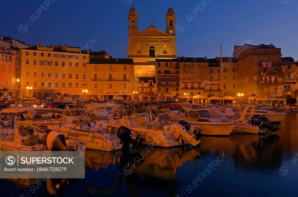 Vieux Port, old harbour of Bastia, with the flood-lit church Saint Jean-Baptiste at back, at the blue hour, Saint Joseph, Bastia, Corse, Corsica, Fran...