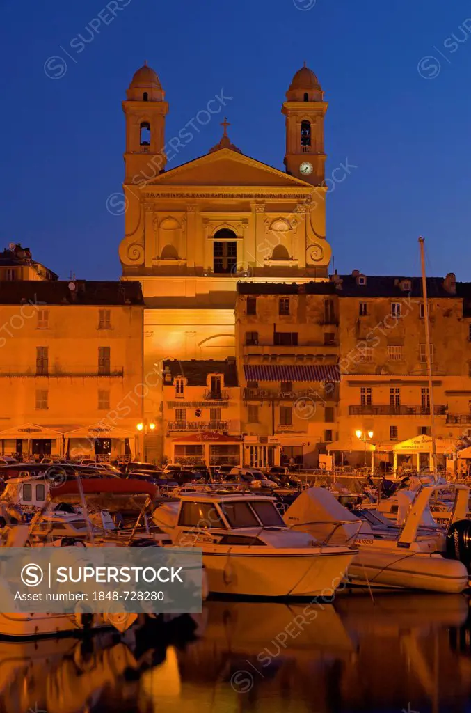 Vieux Port, old harbour of Bastia, with the flood-lit church Saint Jean-Baptiste at back, at the blue hour, Saint Joseph, Bastia, Corse, Corsica, Fran...