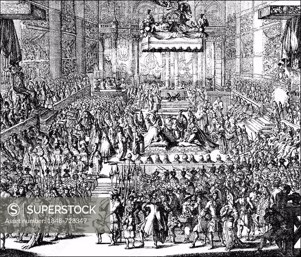 Historic drawing, the coronation ceremony of William III. of Orange-Nassau, 1650 - 1702, at Westminster Abbey on 21st April 1689, governor of the Neth...