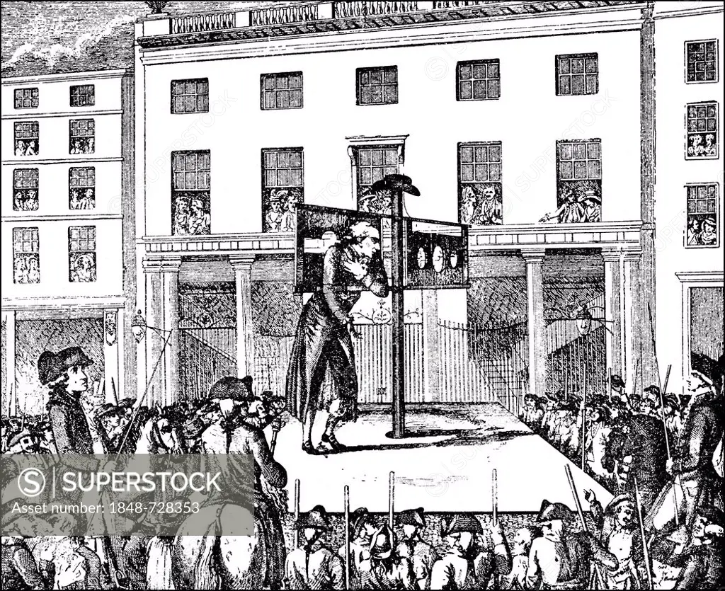 Historic drawing, man standing in the pillory, 18th century