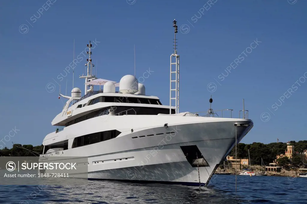 Motor yacht Bad Girl, built by shipyard Brooke Marine Ltd, length 56.7m, built in 1992, at Cap Ferrat, Côte d'Azur, France, Mediterranean, Europe