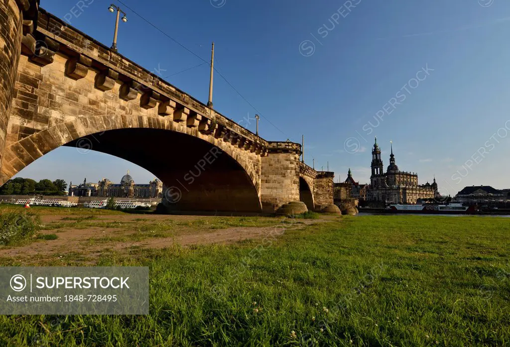 Florence on the Elbe, Augustus Bridge over the Elbe river with Hofkirche, Cathedral of the Holy Trinity, Bruehl's Terrace and Frauenkirche, Church of ...
