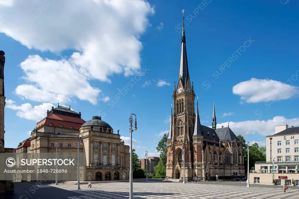 Opera house and Petrikirche, St Peter's Church, at Theaterplatz square, Chemnitz, Saxony, Germany, Europe