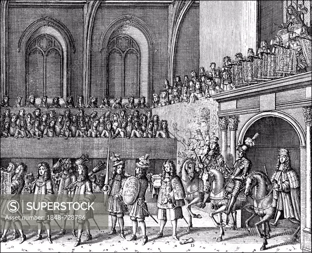 Historic drawing, the coronation ceremony of James II of England, 1633 - 1701, King of England and Ireland, at Westminster Abbey on 23rd April 1685