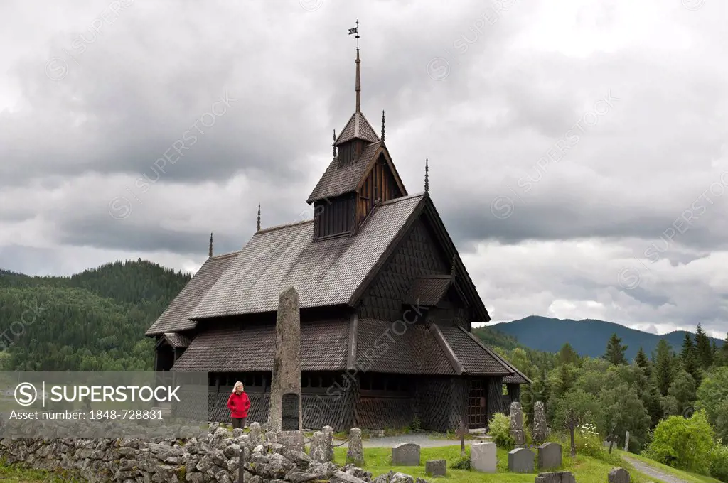Historical wooden church, stave church of Eidsborg, Telemark, Norway, Scandinavia, Northern Europe, Europe