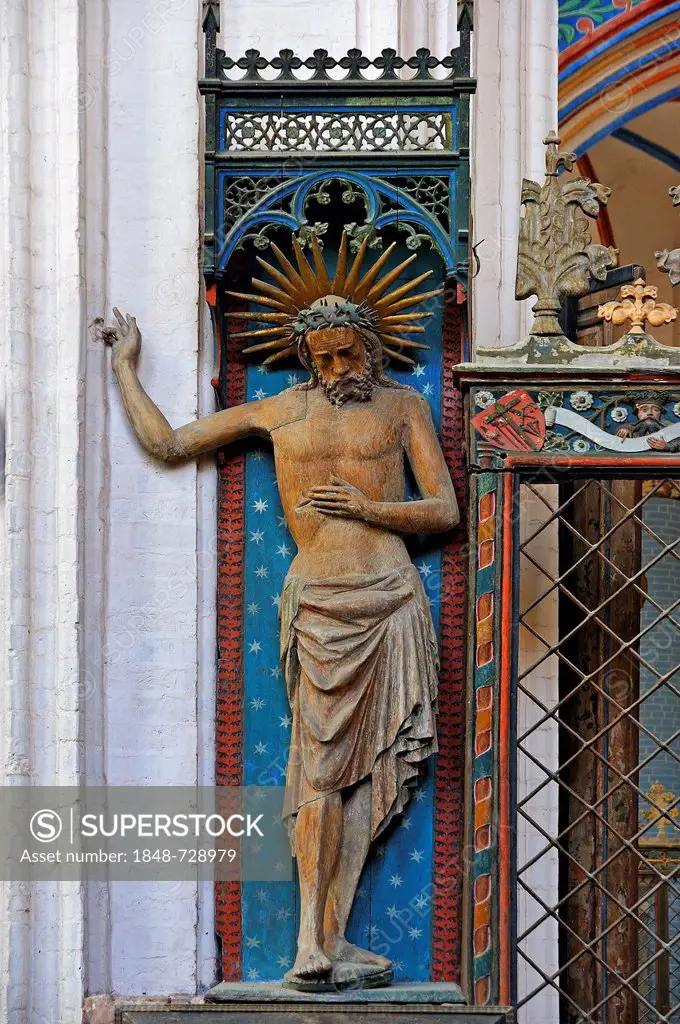 Holy Body, statue of the Risen Christ, in the ambulatory, late 14th Century, church of Sankt Nikolai, St. Nicholas Church, Stralsund, Mecklenburg-West...