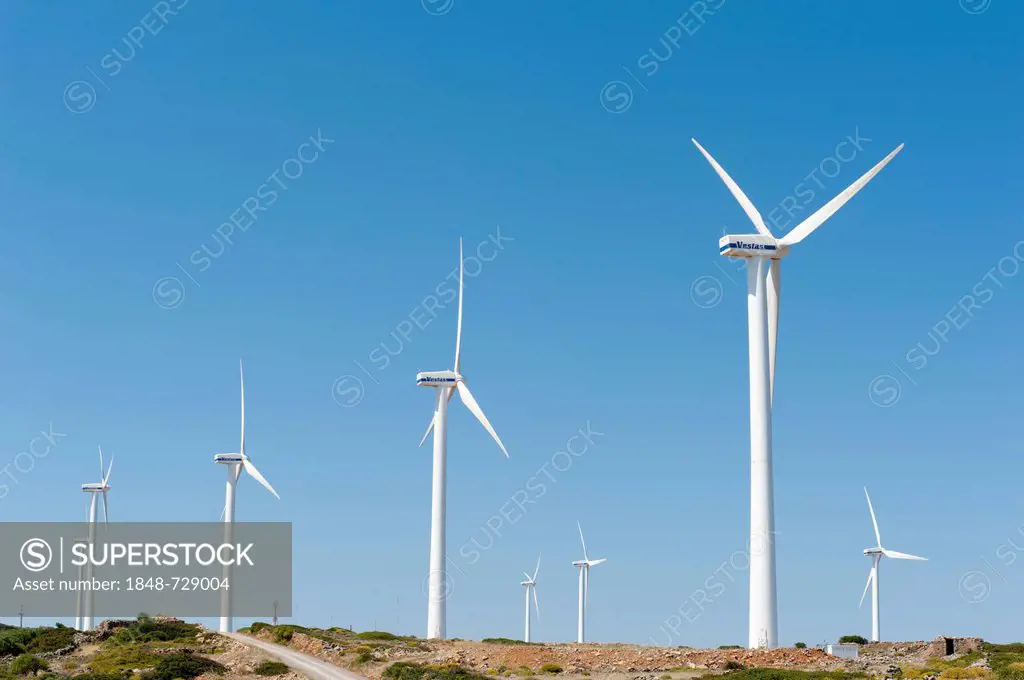 Wind turbines near Elounda, Crete, Greece, Europe