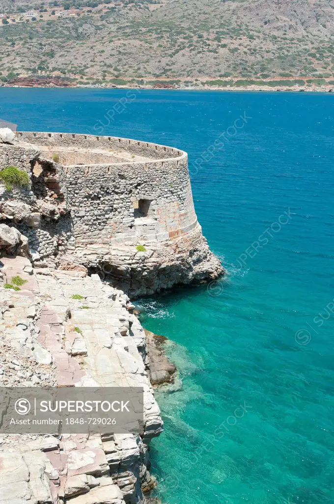 Old Venetian bastion, Spinalonga, Kalydon near Elounda, Gulf of Mirabello, Crete, Greece, Mediterranean, Europe