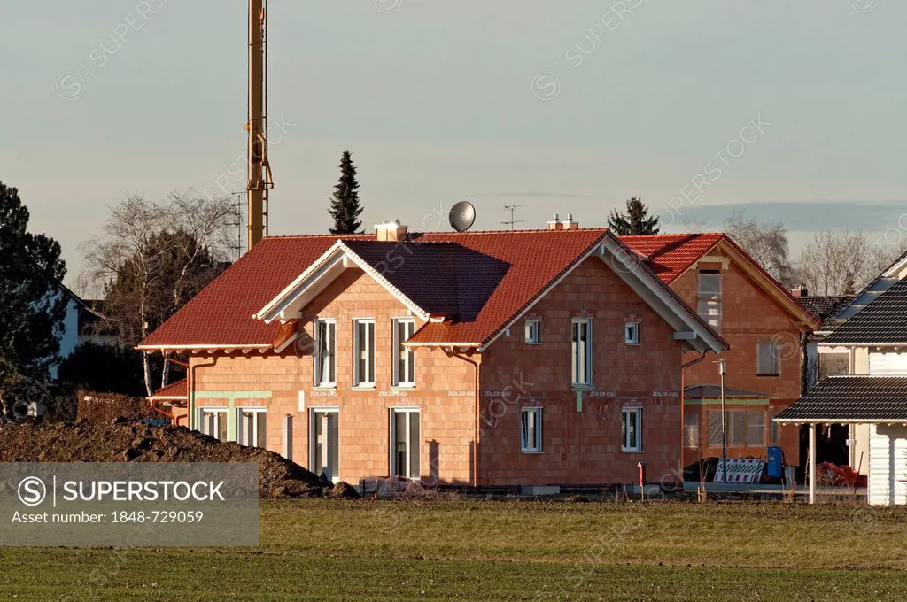 Construction site, housing development area, detached houses, Anzing, Upper Bavaria, Bavaria, Germany, Europe