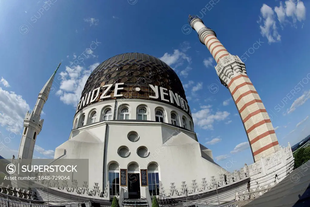Fisheye view, terrace and dome of the Yenidze building, Dresden, Florence of the Elbe, Saxony, Germany, Europe