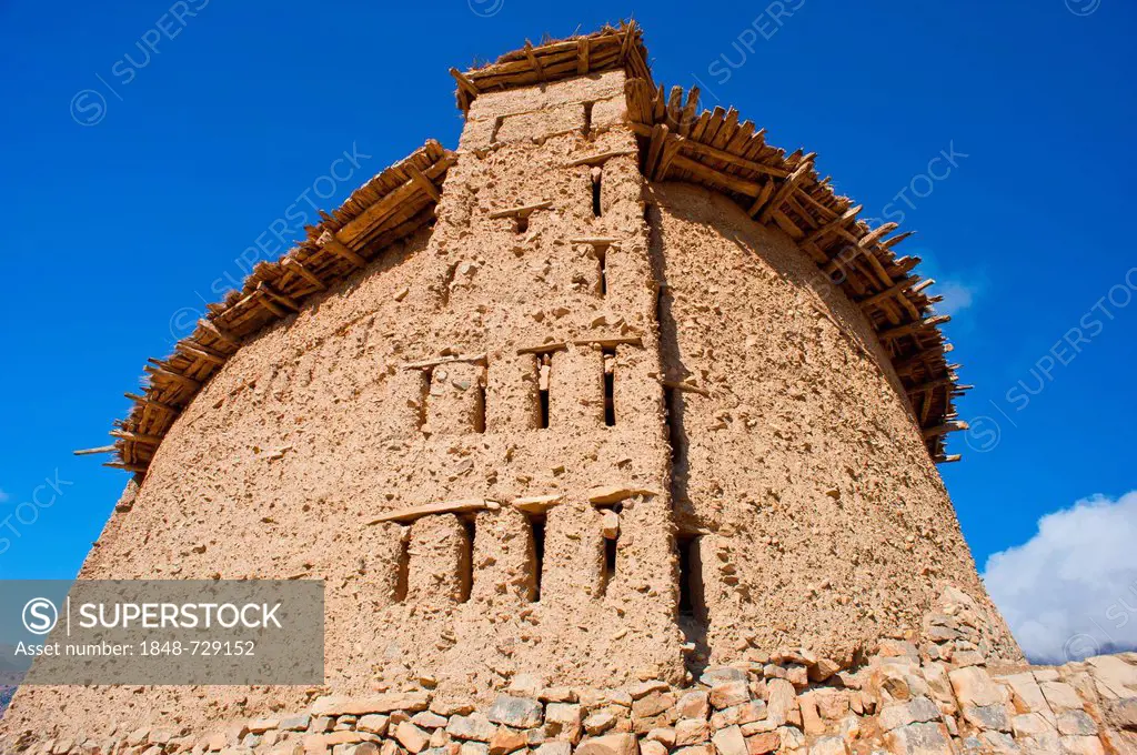 Storage kasbah, mud fortress of the Berber people and Marabut Sidi Moussa, grave site of a saint, Ait Bouguemez, High Atlas range, Morocco, Africa
