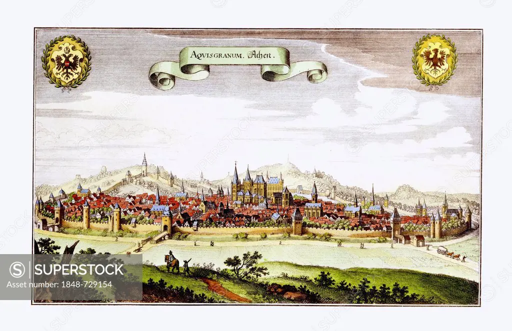 Historic view of the town of Aachen, Aix-la-Chapelle, 1650, coloured, from Topographia Germaniae by Matthaeus Merian the Elder, continued by his son M...