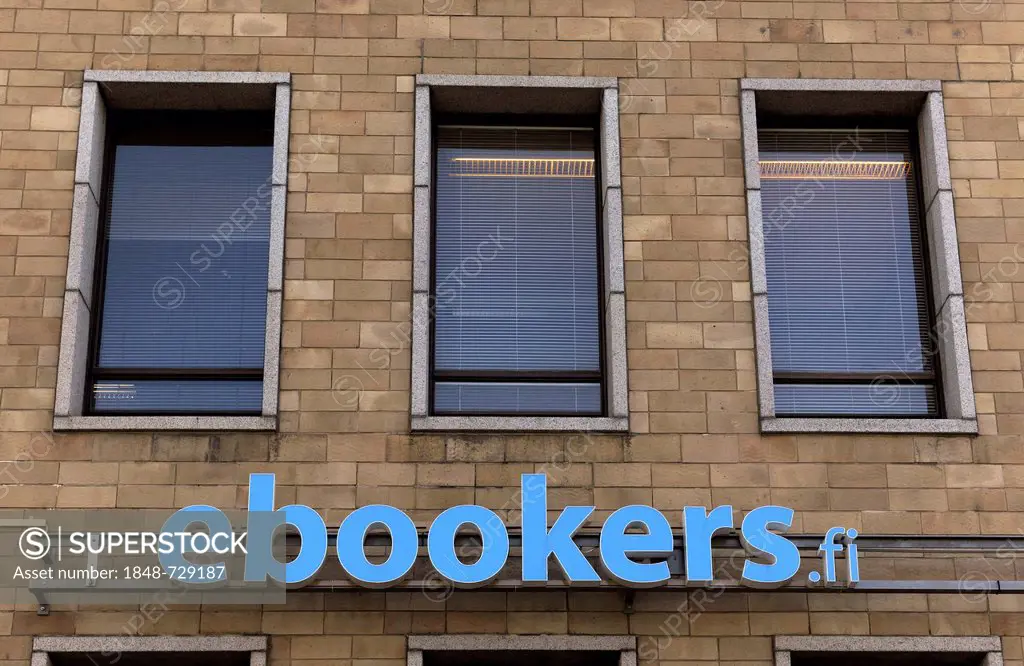 Logo of ebookers.fi on a facade, Helsinki, Finland, Europe