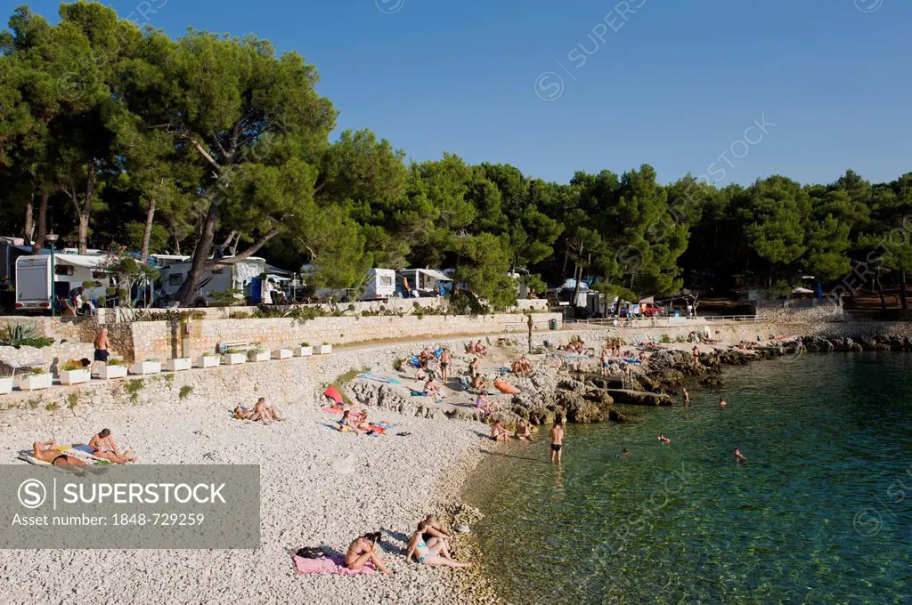 Beach of the Cikat camping site, Mali Losinj, Losinj Island, Adriatic Sea, Kvarner Gulf, Croatia, Europe