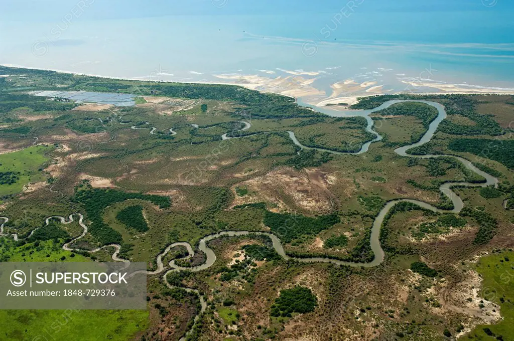 Aerial view, mouth and meanders of the Wami river north of Bagamoyo, Pwani Region, Tanzania, Africa