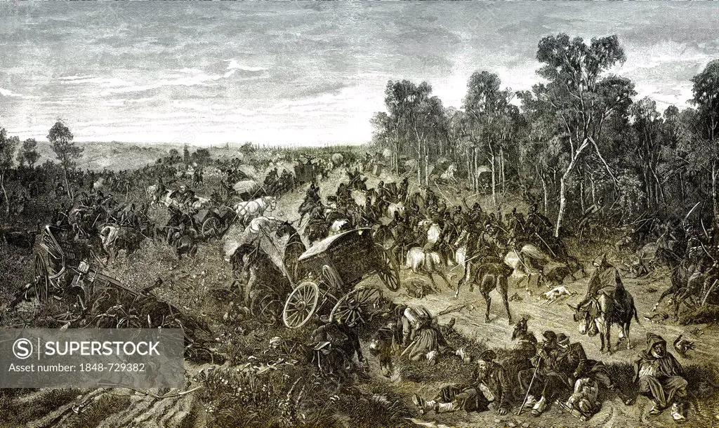 Historical drawing, Battle of Woerth or Bataille de-Froeschwiller Woerth, Battle of Reichshoffen, 6 August 1870, in the Franco-German War or Franco-Pr...