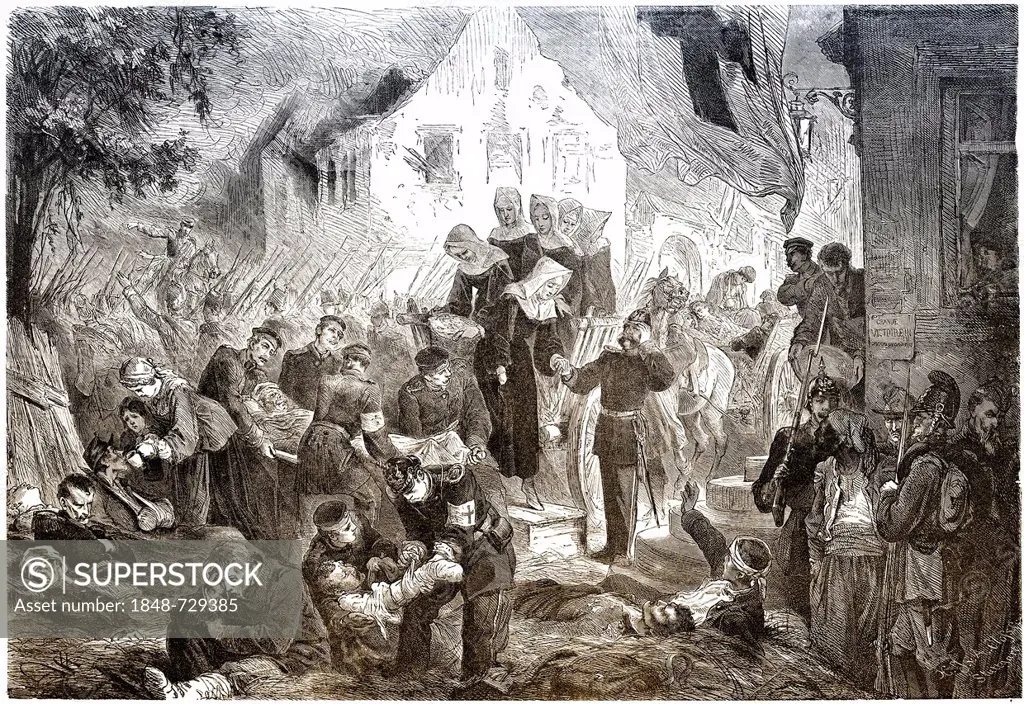 Historical drawing, caring for the injured in a field hospital at Rezonville, France, after the Battle of Gravelotte on 16 August 1870, Franco-Prussia...