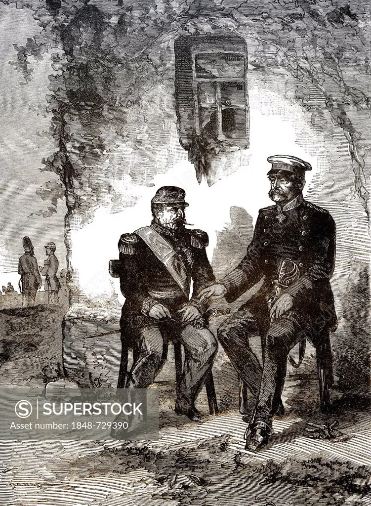 Historical drawing, meeting between Otto von Bismarck and Napoleon III to surrender on 2 September 1870, after the Battle of Sedan, in Donchery, Arden...