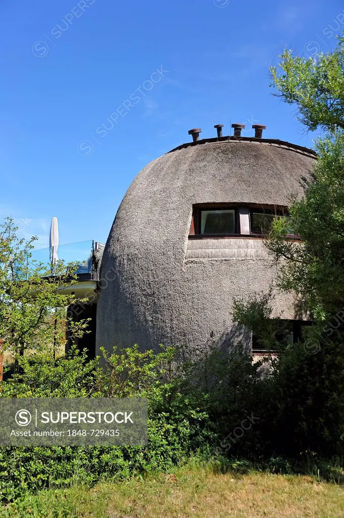 Architectural sculpture as a dwelling, an oval thatched house, Dorfstrasse street, Ahrenshoop, Darss, Mecklenburg-Western Pomerania, Germany, Europe