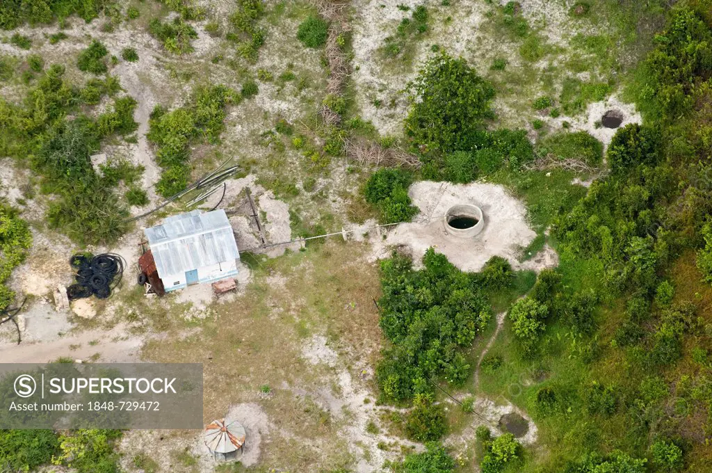 Aerial view, water well and pump house in a suburb of Dar es Salaam, Tanzania, Africa