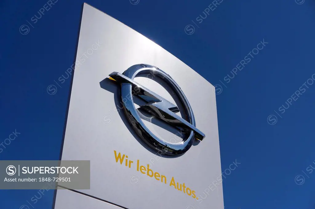 Signage, logo of Adam Opel AG, Ruesselsheim, Hesse, Germany, Europe, PublicGround