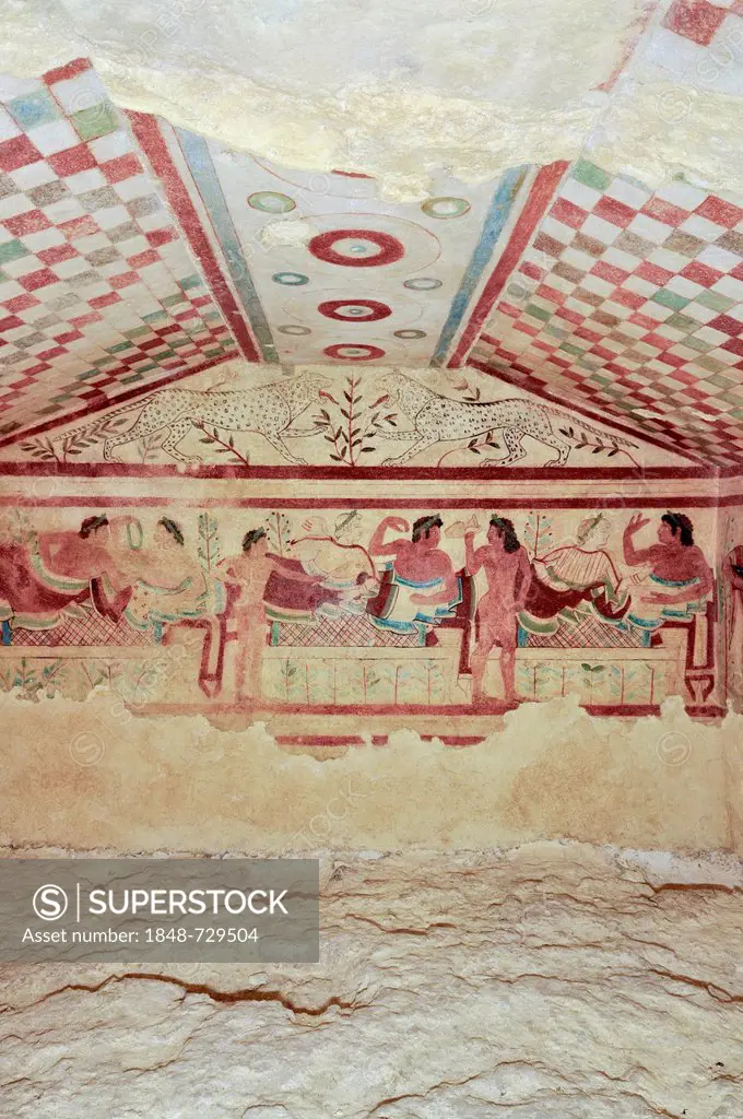 Frescoes, Tomba dei Leopardi, Tomb of the Leopards, one of the Etruscan grave chambers of Monterozzi Necropolis, 6th to 2nd century BC, Tarquinia, Laz...