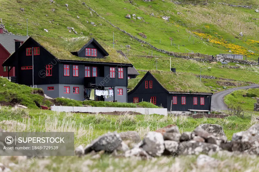 Wooden house with a grass roof, Kirkjubour, Streymoy Island, Faroe Islands, Denmark, North Atlantic, Northern Europe, Europe