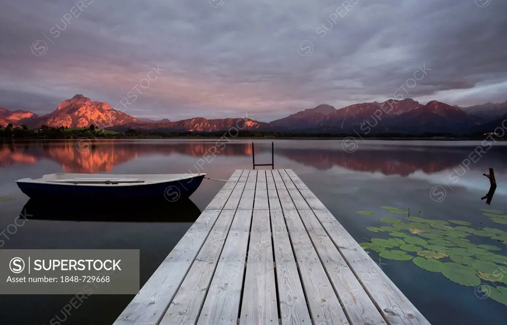 Evening mood at Lake Hopfensee in Allgaeu near Fuessen, Bavaria, Germany, Europe, PublicGround