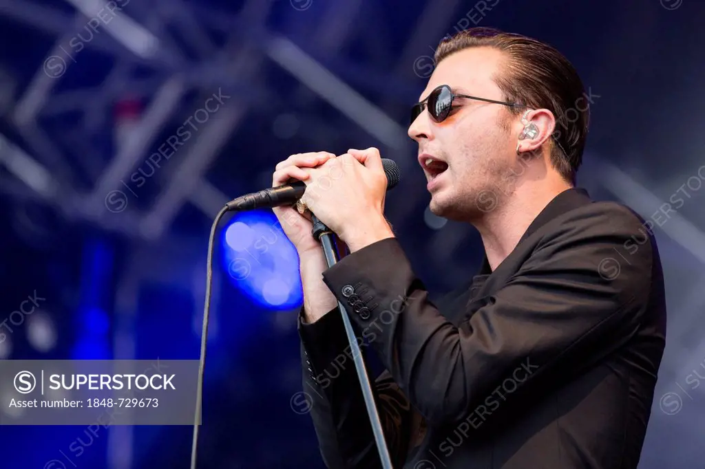 Singer Theo Hutchcraft from the British synth-pop band Hurts performing live at Heitere Open Air in Zofingen, Aargau, Switzerland, Europe