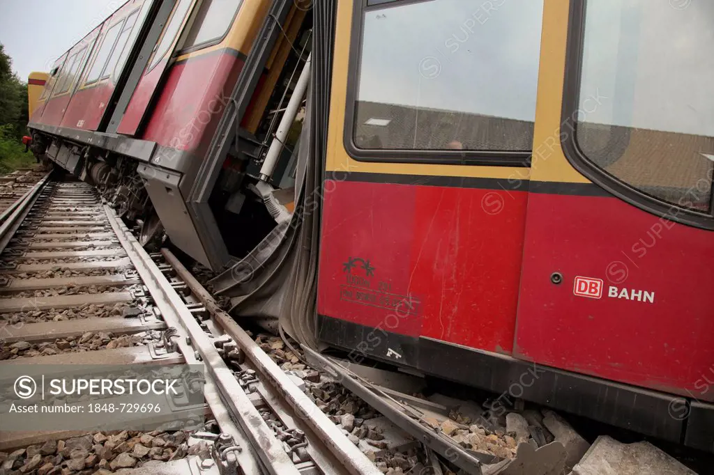 Derailed train, train crash probably due to a switch failure, Berlin Tegel, Germany, Europe