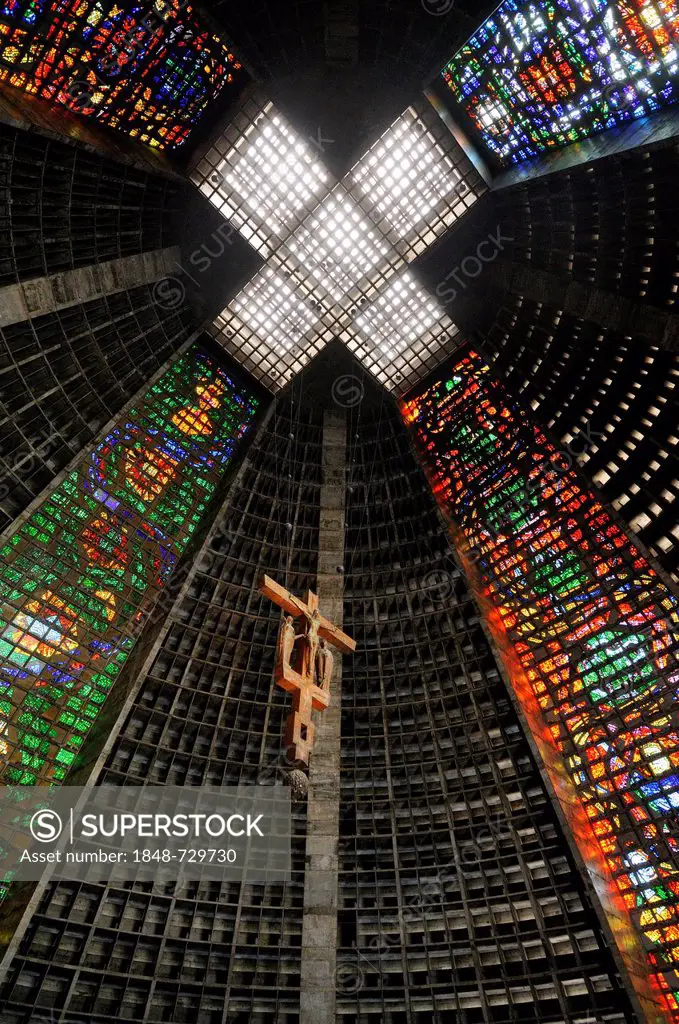 Interior of Metropolitan Cathedral, Catedral Metropolitana, with stained glass windows and a crucifix, Rio de Janeiro, Brazil, South America