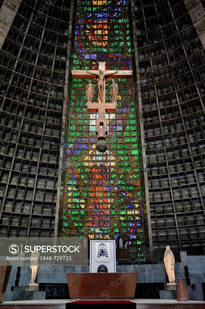 Interior of Metropolitan Cathedral, Catedral Metropolitana, altar and a crucifix, Rio de Janeiro, Brazil, South America