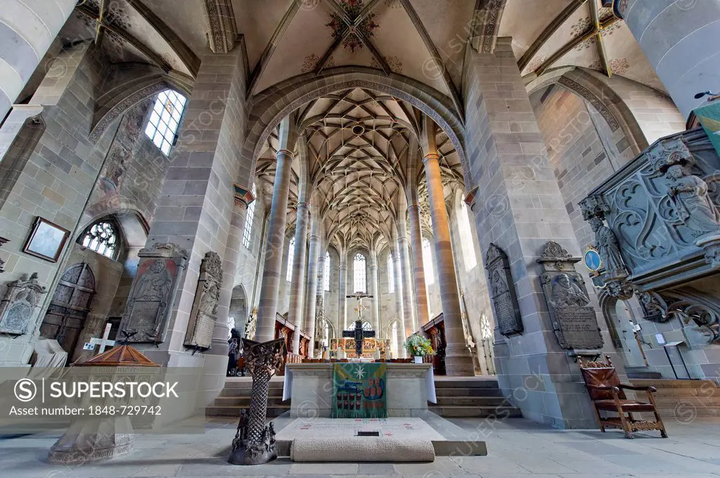 Interior view of the Church of St. Michael, a Protestant parish church, Schwaebisch Hall, Hohenlohe region, Baden-Wuerttemberg, Germany, Europe