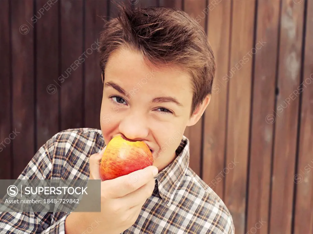 Portrait, boy, teenager biting an apple