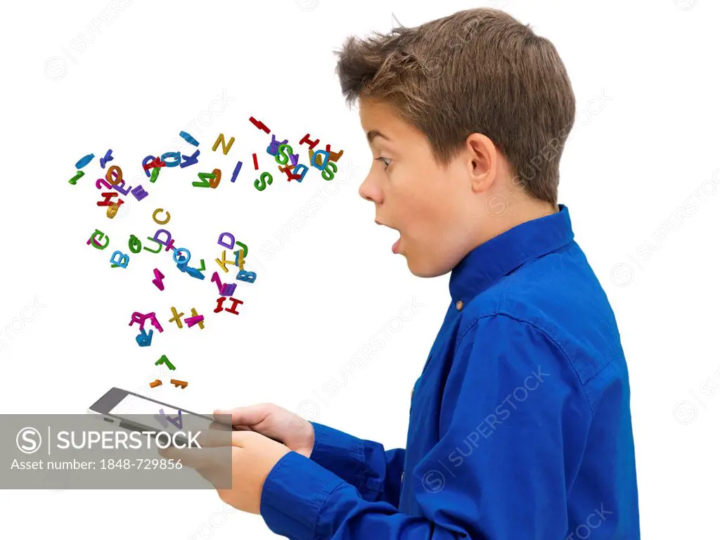Portrait, boy, teenager looking amazed and fascinated while holding an iPad with letters flying out