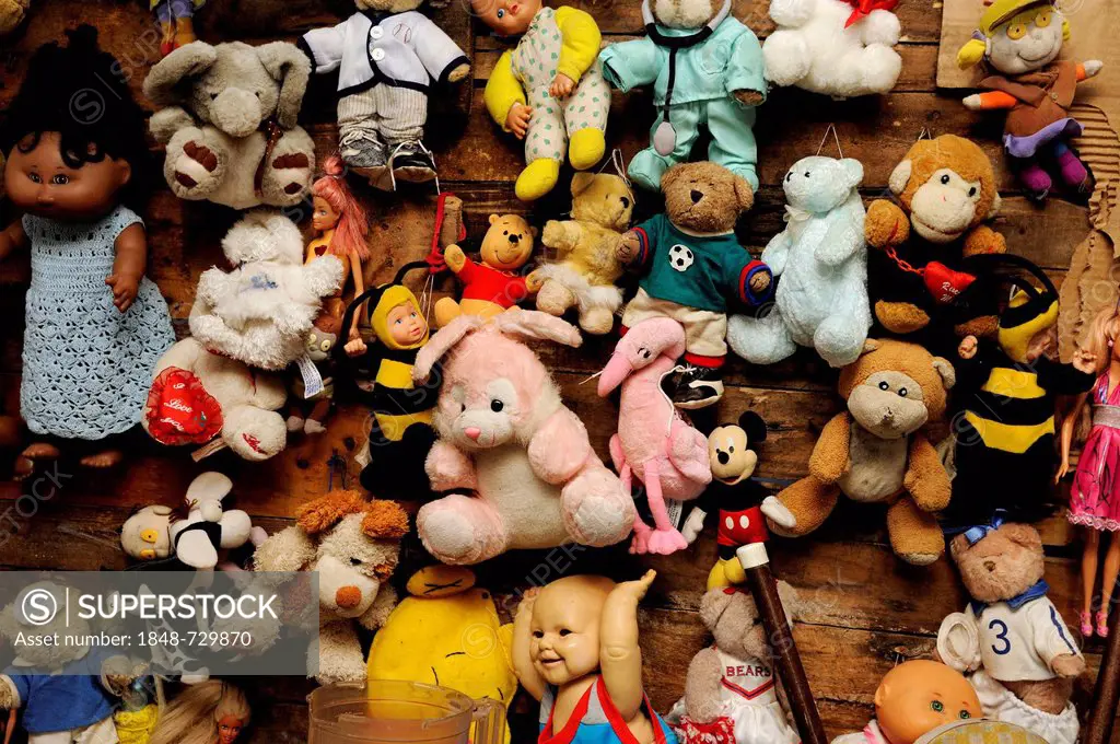 Stuffed animals and dolls hanging on the wall of a simple hut, in a poor district of Cancun, Yucatan Peninsula, Quintana Roo, Mexico, Latin America, N...