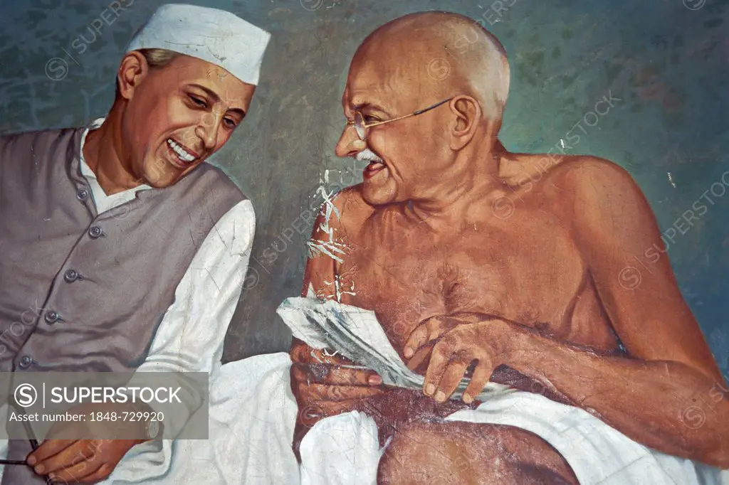 Painting, Pandit Jawaharlal Nehru, India's first prime minister with Gandhi, Aga Khan Palace, Pune or Poona, Maharashtra, India, Asia