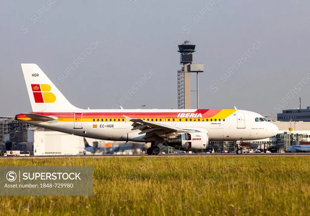 An Iberia Airbus A319-111 after landing at Duesseldorf International Airport, Duesseldorf, North Rhine-Westphalia, Germany, Europe