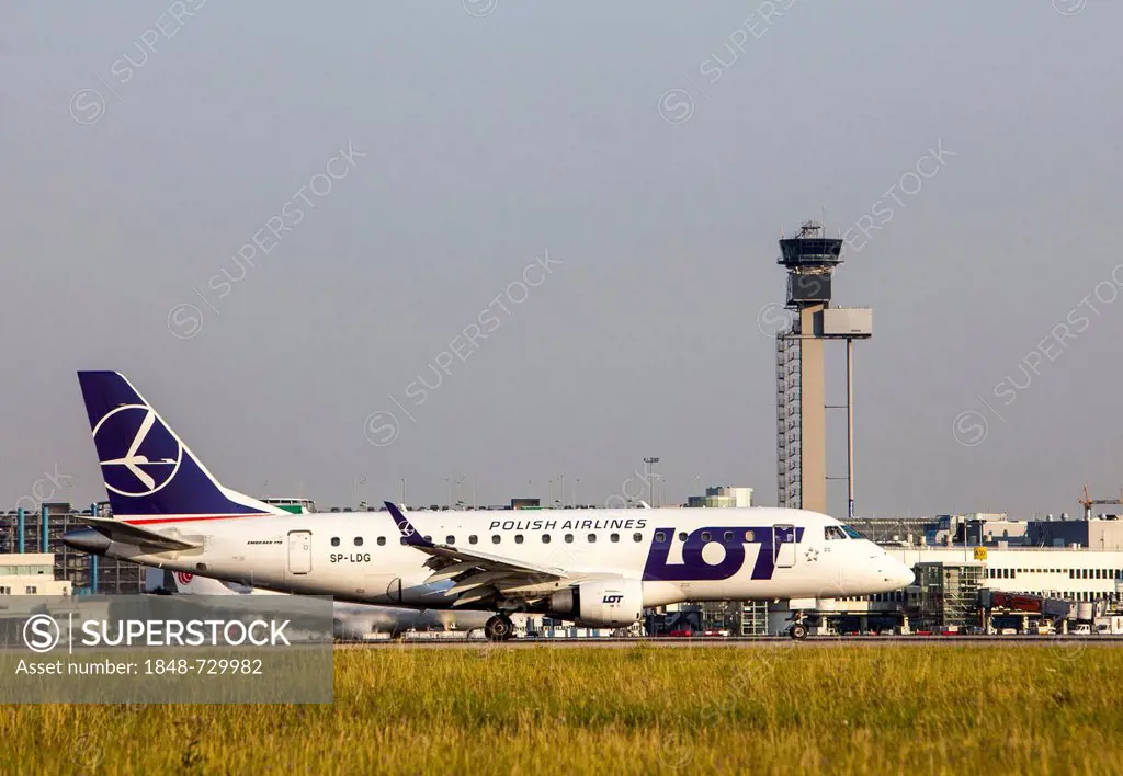 LOT, a Polish Airlines Embraer ERJ-170 after landing at Duesseldorf International Airport, Duesseldorf, North Rhine-Westphalia, Germany, Europe