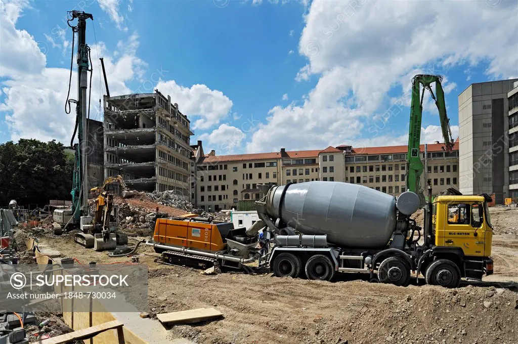 Concrete pump and demolition of housing blocks in Isartalstrasse, Munich, Bavaria, Germany, Europe, PublicGround