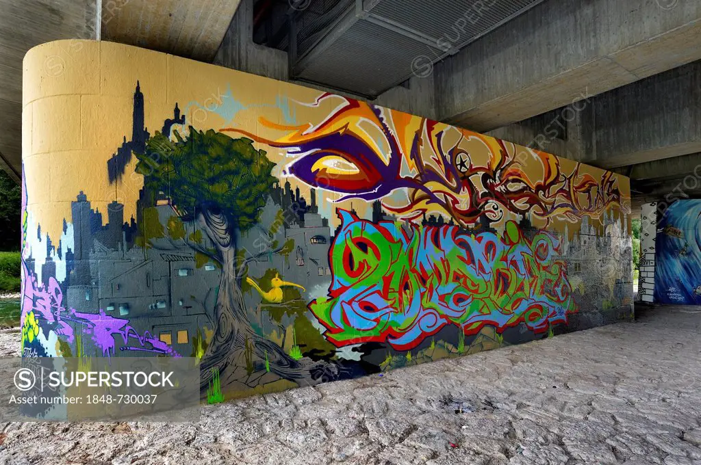 Graffiti on the pillars of Brudermuehlbruecke bridge, Flaucher, Munich, Bavaria, Germany, Europe