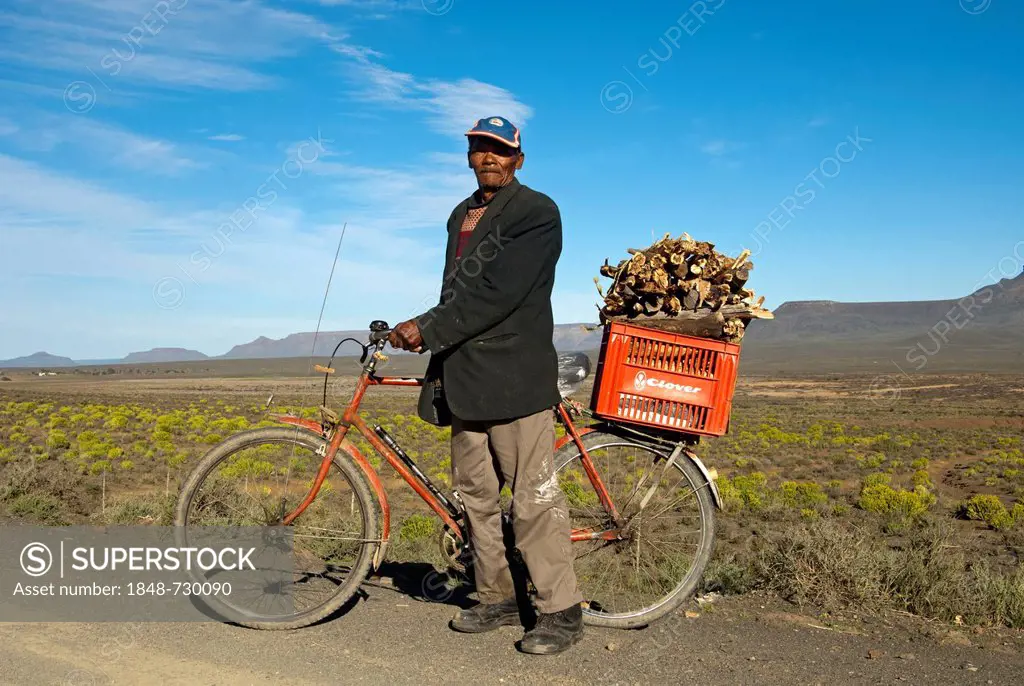 Local man with a bicycle and a box of firewood on the luggage rack, near Calvinia, Northern Cape Province, South Africa, Africa