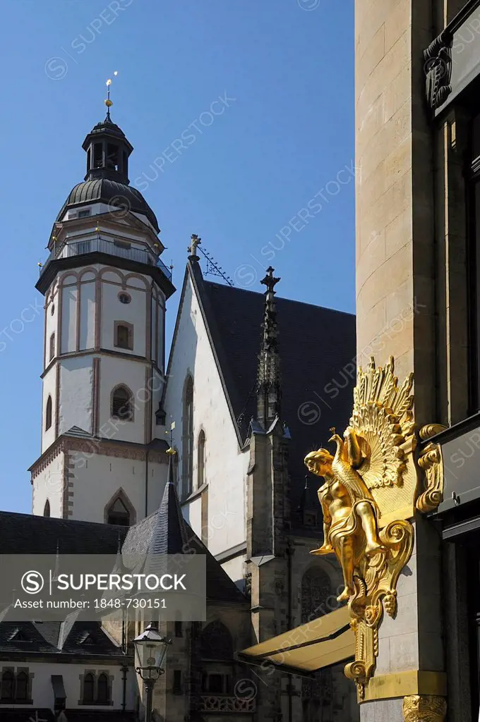 Gilded decorative ornament, on the facade of a branch of Commerzbank, Thomaskirche, Church of St. Thomas, Leipzig, Saxony, Germany, Europe