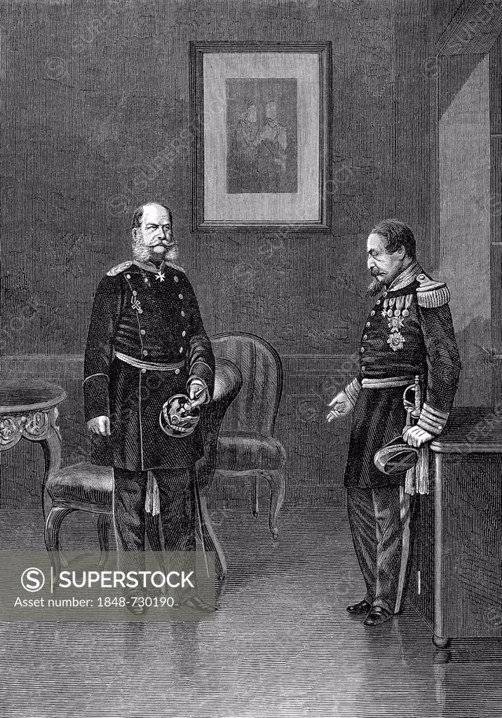 Historical drawing, the French Emperor Charles Louis-Napoléon Bonaparte or Napoleon III, 1808-1873, and King William I of Prussia, or after the Battle...