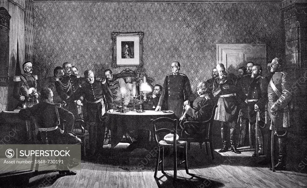 Historical drawing, negotiations for surrender with General Faure, Otto von Bismarck and others, 2 September 1870, scene from the Franco-Prussian War ...