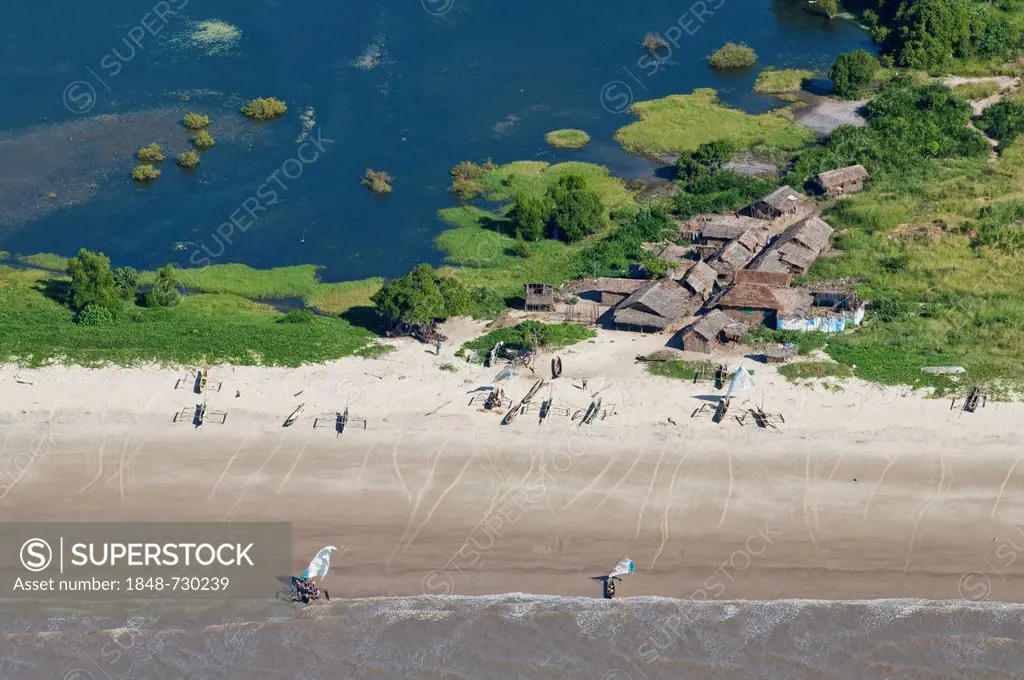 Aerial view, fishing village at a lagoon on the beach, Pwani Region, Tanzania, Africa