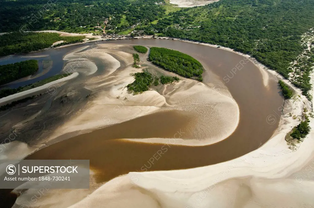 Aerial view, river carrying sediments, with sand banks, Pwani Region, Tanzania, Africa